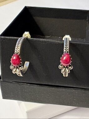 Sterling Silver Hoop Earrings with Genuine Ruby Gemstone Accents by Hespera